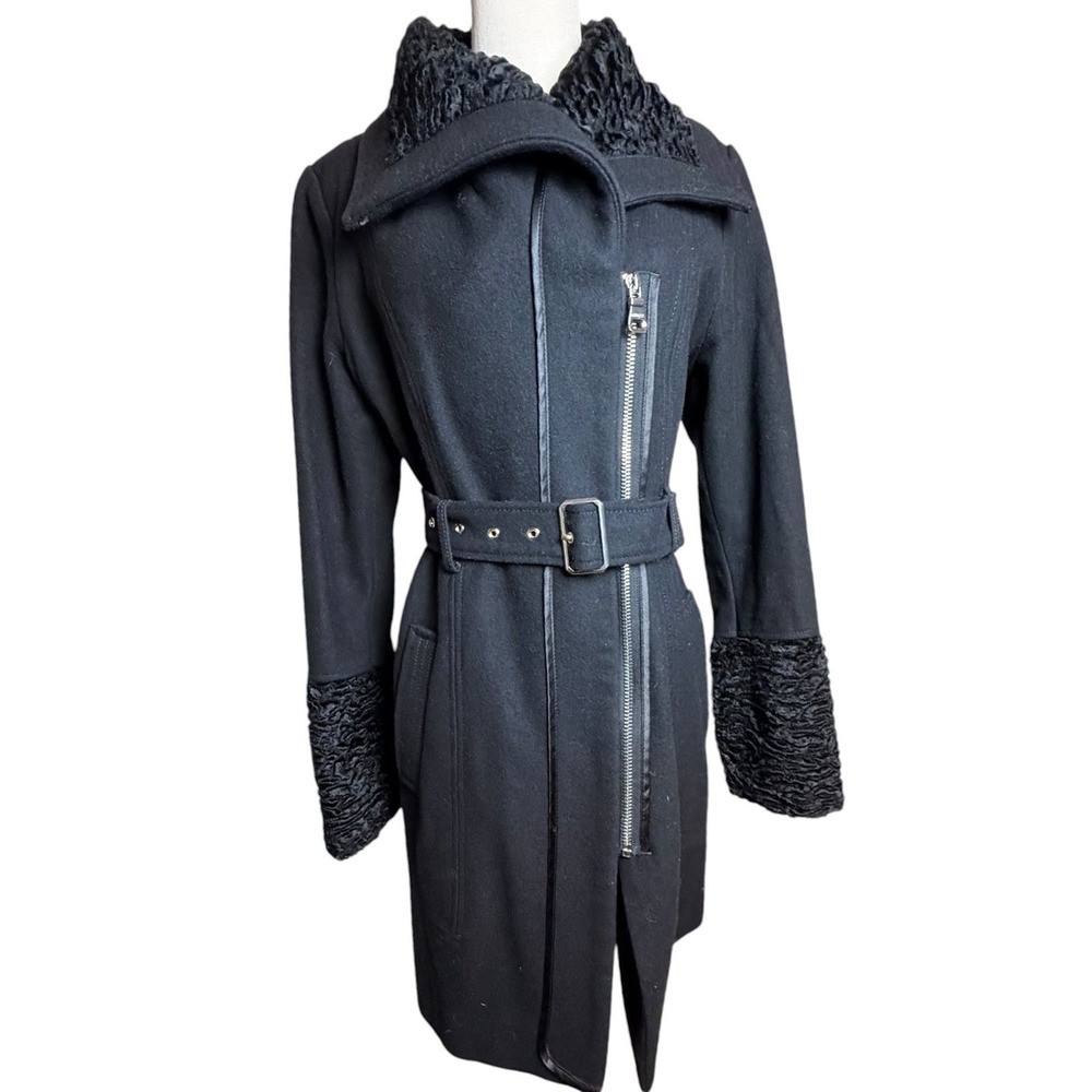 Guess Y2K Black Wool Blend Belted Coat Funnel Neck Asymmetrical Zip Large